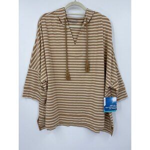 Coolibar Key Colony Beach Hoodie UPF 50+ Striped Top Shirt Tan White 3X NEW